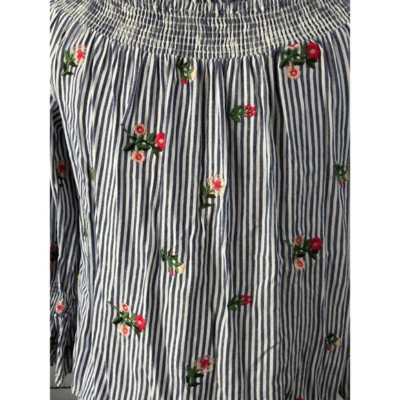 Miss Me‎ Off the Shoulder Denim Blouse Medium Embroidered Sexy Top Striped Shirt - Picture 8 of 8